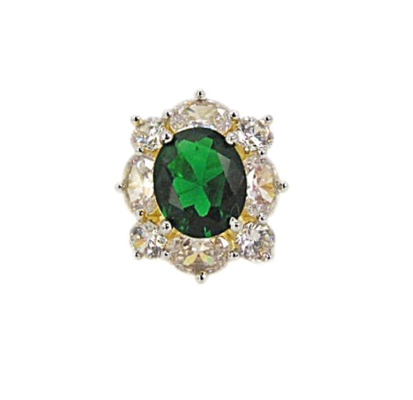 ring with emerald surrounded by diamonds