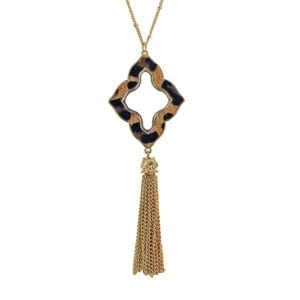 necklace with animal print pendant and brown tassel