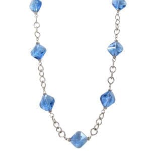 silver necklace with sky blue polished stone beads
