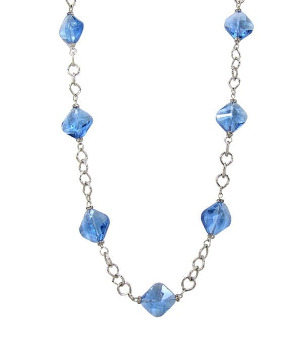 silver necklace with sky blue polished stone beads