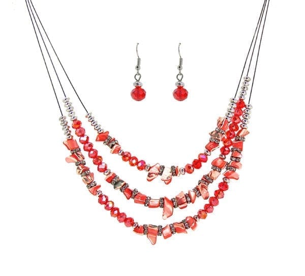 earrings and layered necklace made of red polished stone