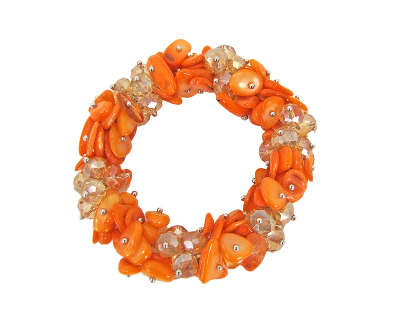 bracelet with orange beads and crystals in clusters