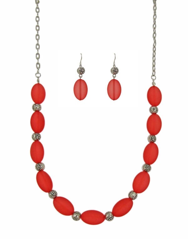 necklace and earrings with large red oval beadwork