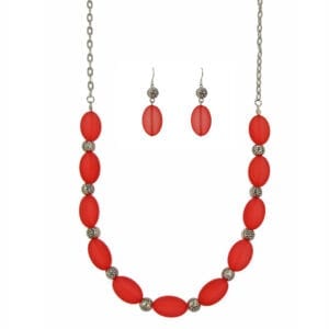 necklace and earrings with large red oval beads