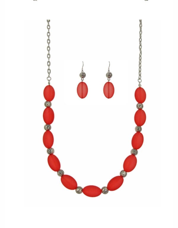necklace and earrings with large red oval beads