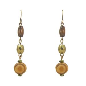Triple Beaded Gold Color Wood Earrings With Hook