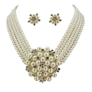 PEARL AND CRYSTAL FLOWER STATEMENT NECKLACE AND EARRING SET