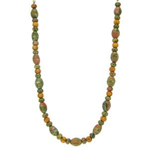 A green stone and wood beaded necklace