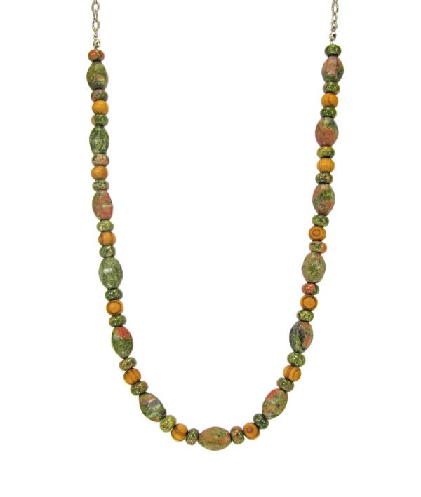 A green stone and wood beaded necklace