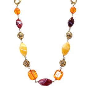 A multi color red and orange beaded necklace