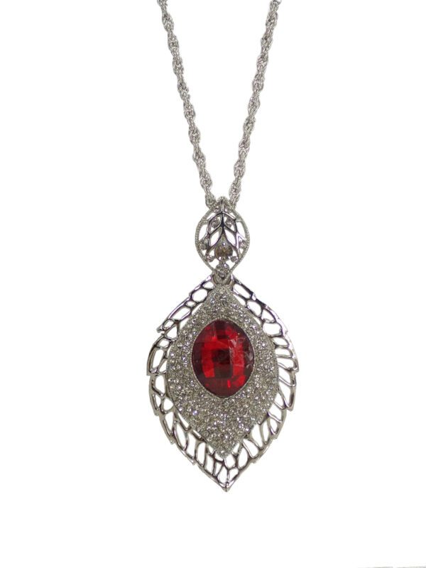 A red and clear crystal pendant with a chain