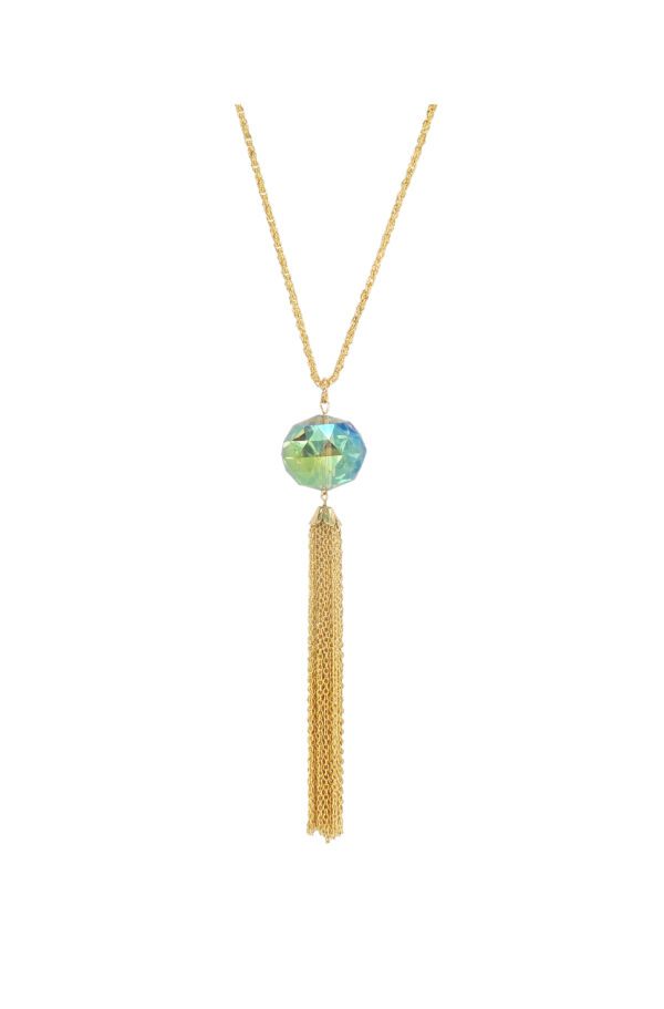 A green glass pendant with a gold tassel
