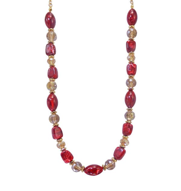 A red and golden glass beaded necklace