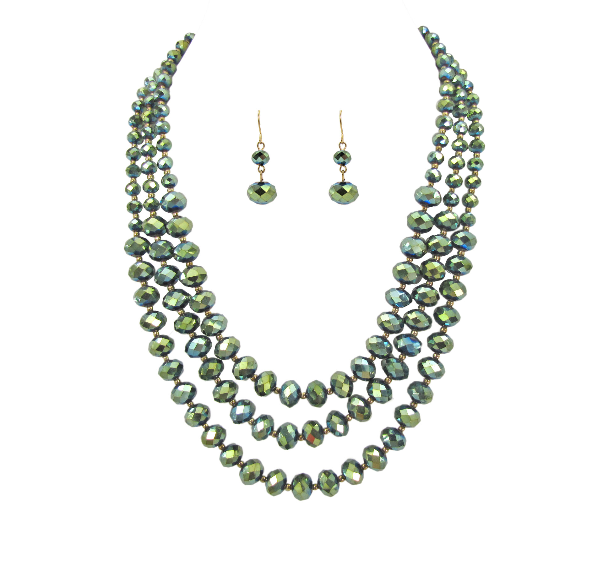 Green glass layered necklace and earrings set