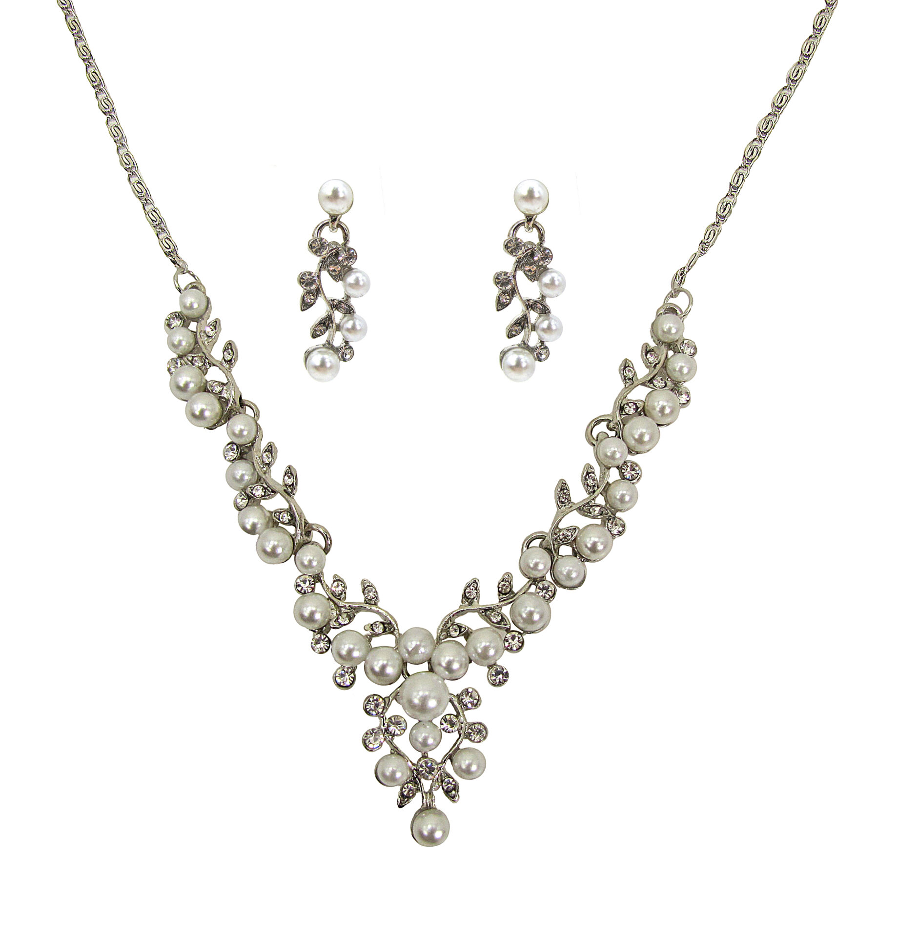 A set of silver stone and white pearl necklace and earrings