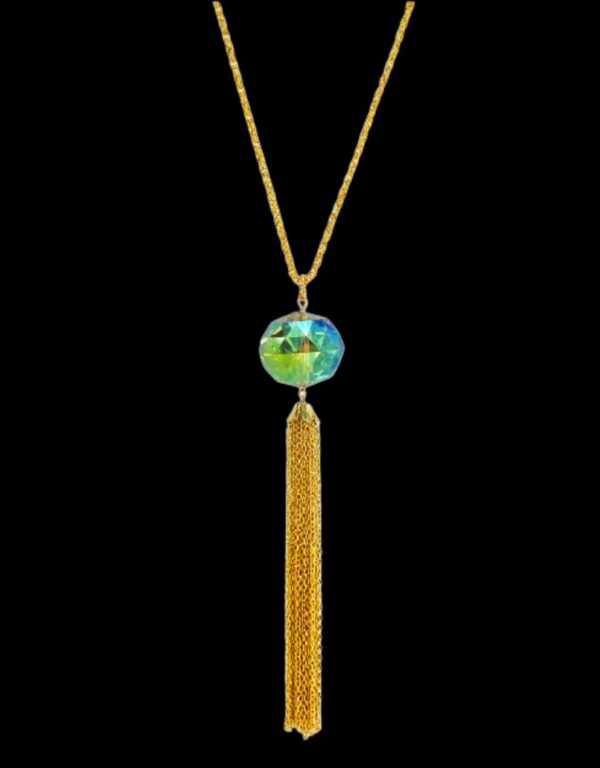 GREEN GLASS PENDANT NECKLACE WITH GOLD TASSEL - Image 5