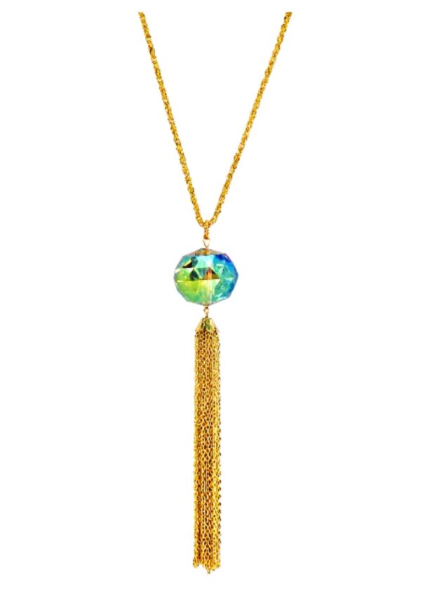 GREEN GLASS PENDANT NECKLACE WITH GOLD TASSEL