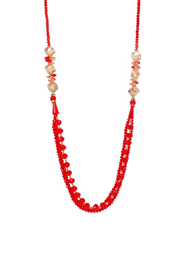 A red and topaz all glass beaded necklace