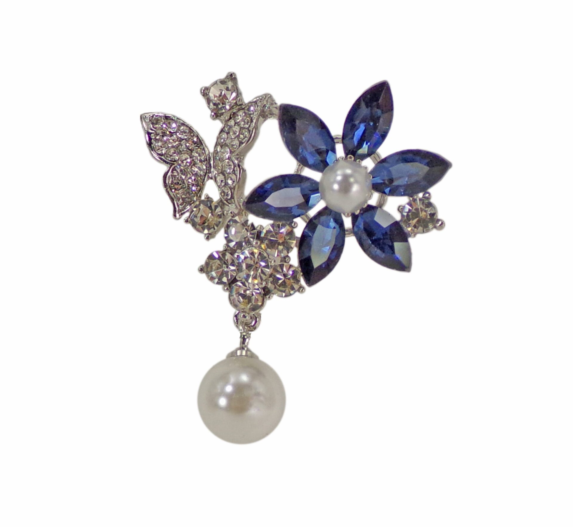 Blue Crystal Flower and Butterfly Pin With Pearl