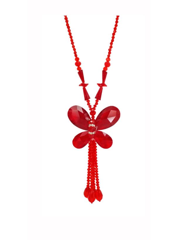 A red glass butterfly pendant with a tassel