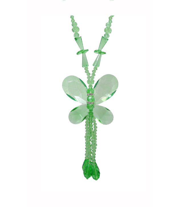 A light green glass butterfly pendant with tassel