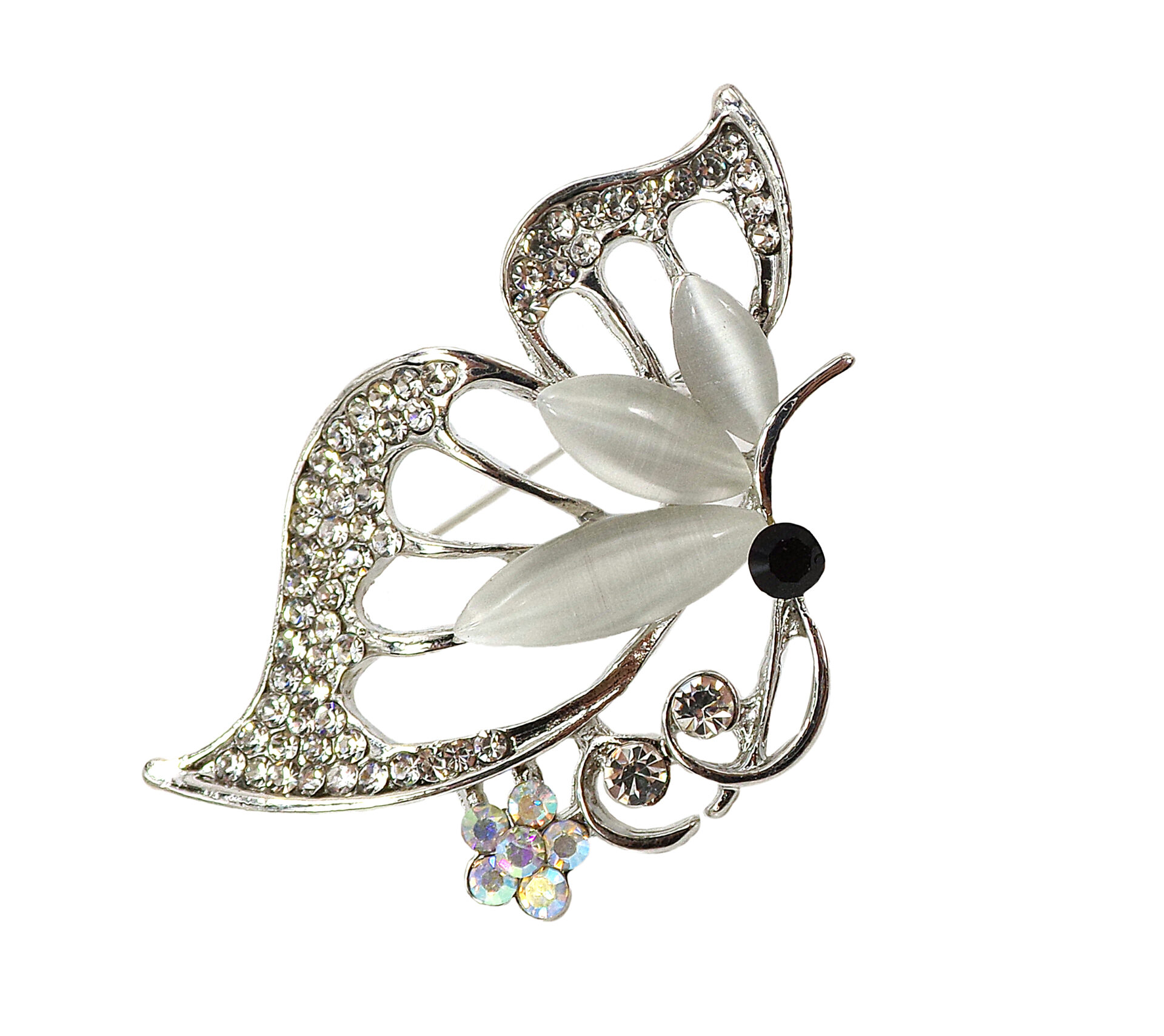 Crystal and Cat Eye Stone Butterfly Pin With Rhinestones