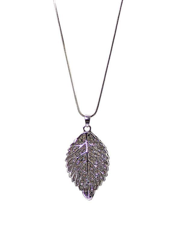 An elegant crystal leaf silver colored pendant