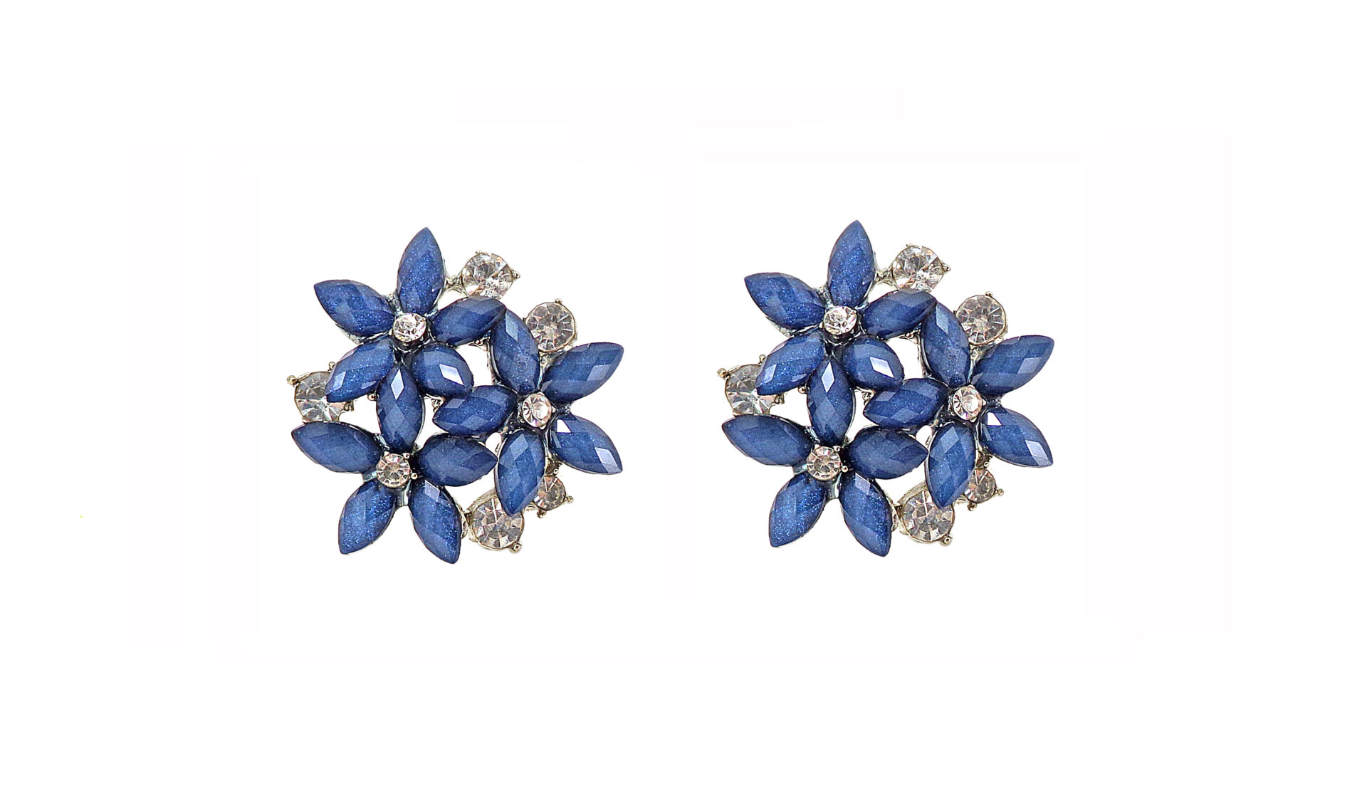 Blue Oval Crystals and Rhinestones Floral Earrings