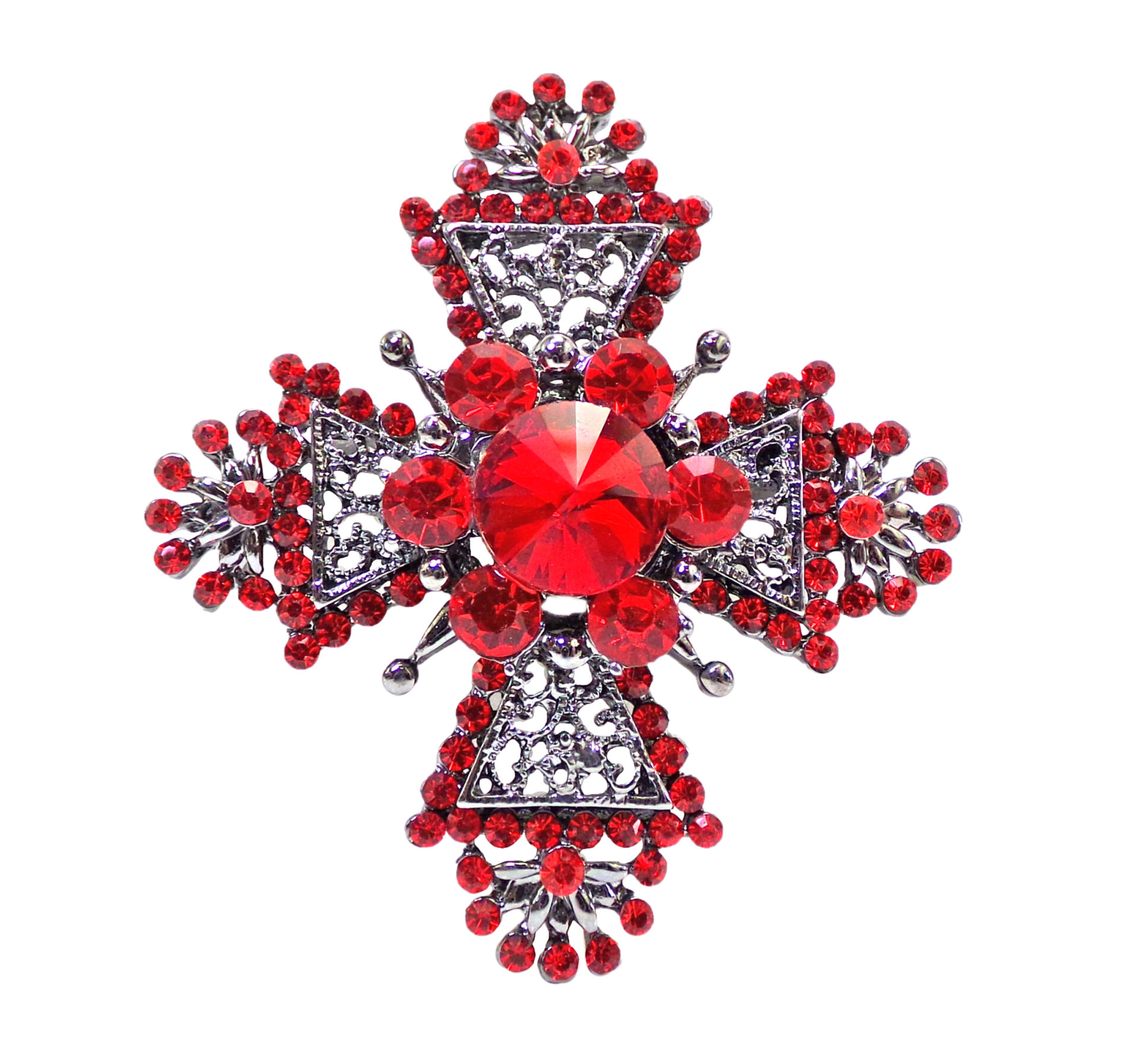 Red Crystal Maltese Cross Pin With Silver Pattern