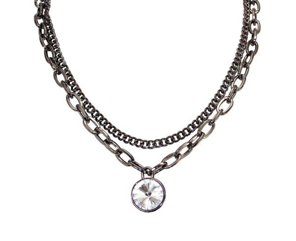 A crystal pendant on black double link chain