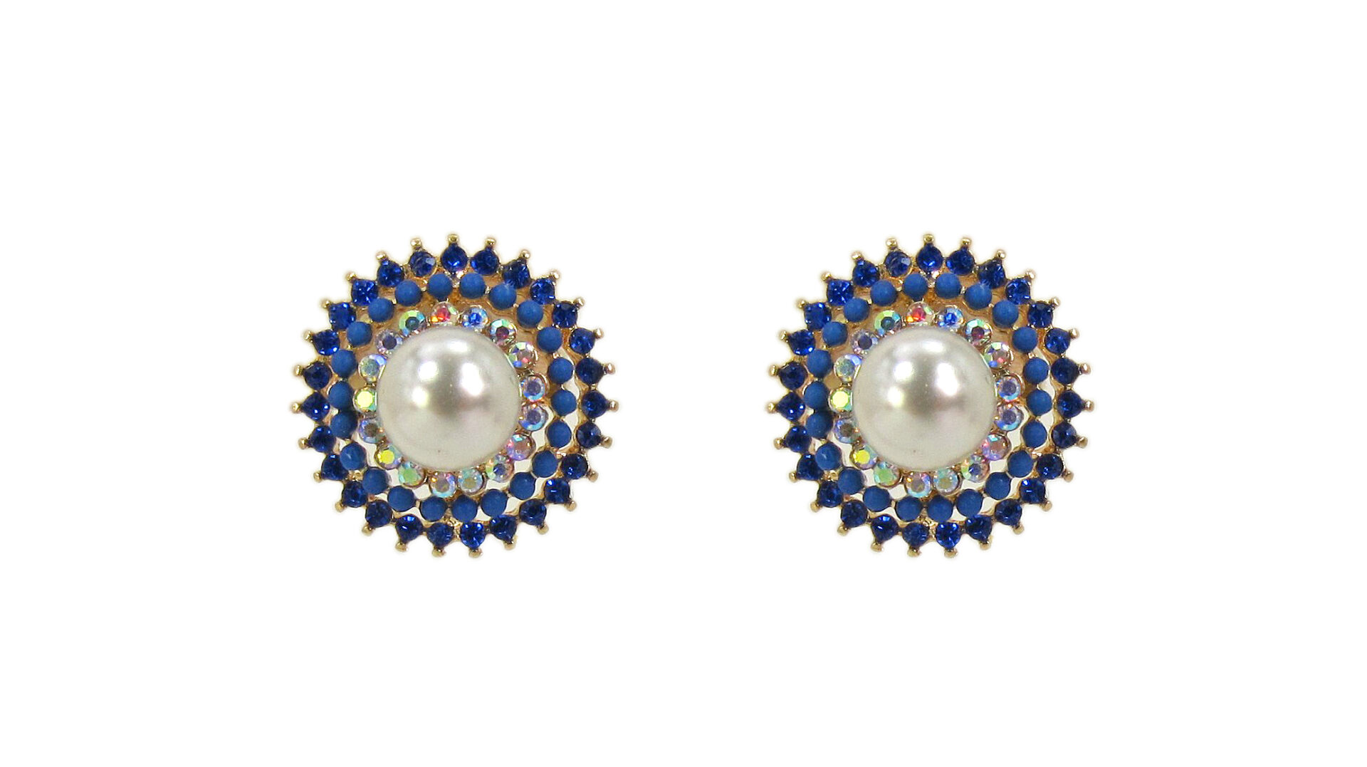 White Pearl and Blue Crystal Studded Earrings