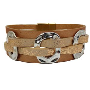 Beige Color Leather Bracelet With Silver Rings