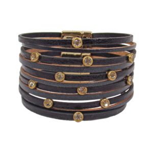 A black leather wrap bracelet with crystals