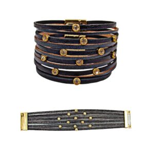 Black Leather Wrap Bracelet with Crystals
