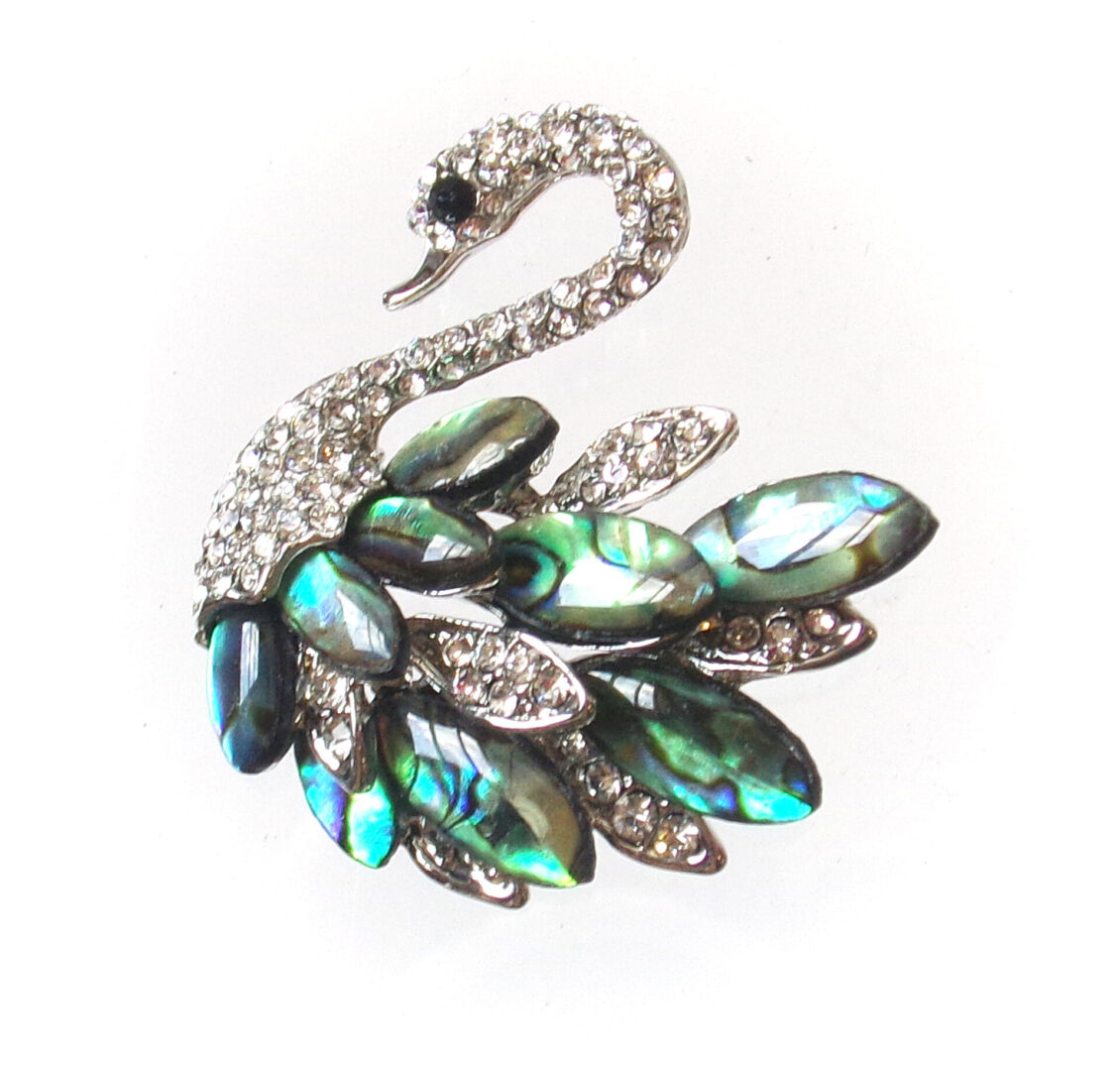 Swan Pin With Abalone Shell and Crystal Pin