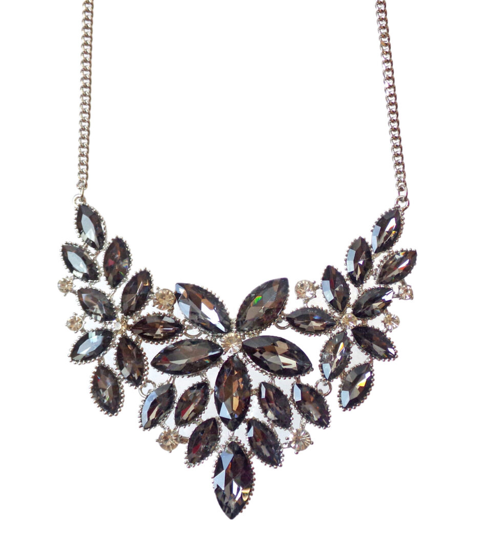 Grey Black Diamond Crystal Flower Statement Necklace