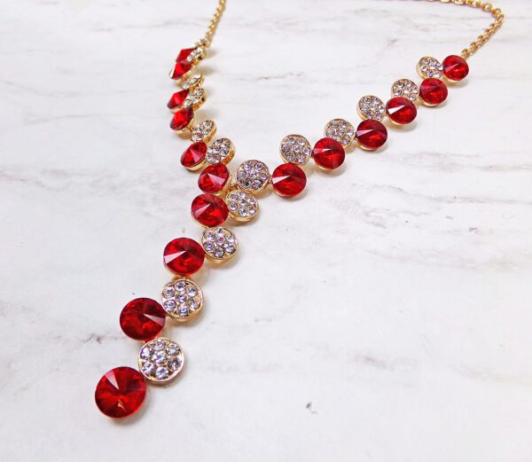 Red and White Crystal Y Shaped Necklace Side Close Up