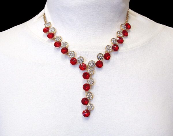 Dramatic Red Crystal Y Necklace With Rhinestones