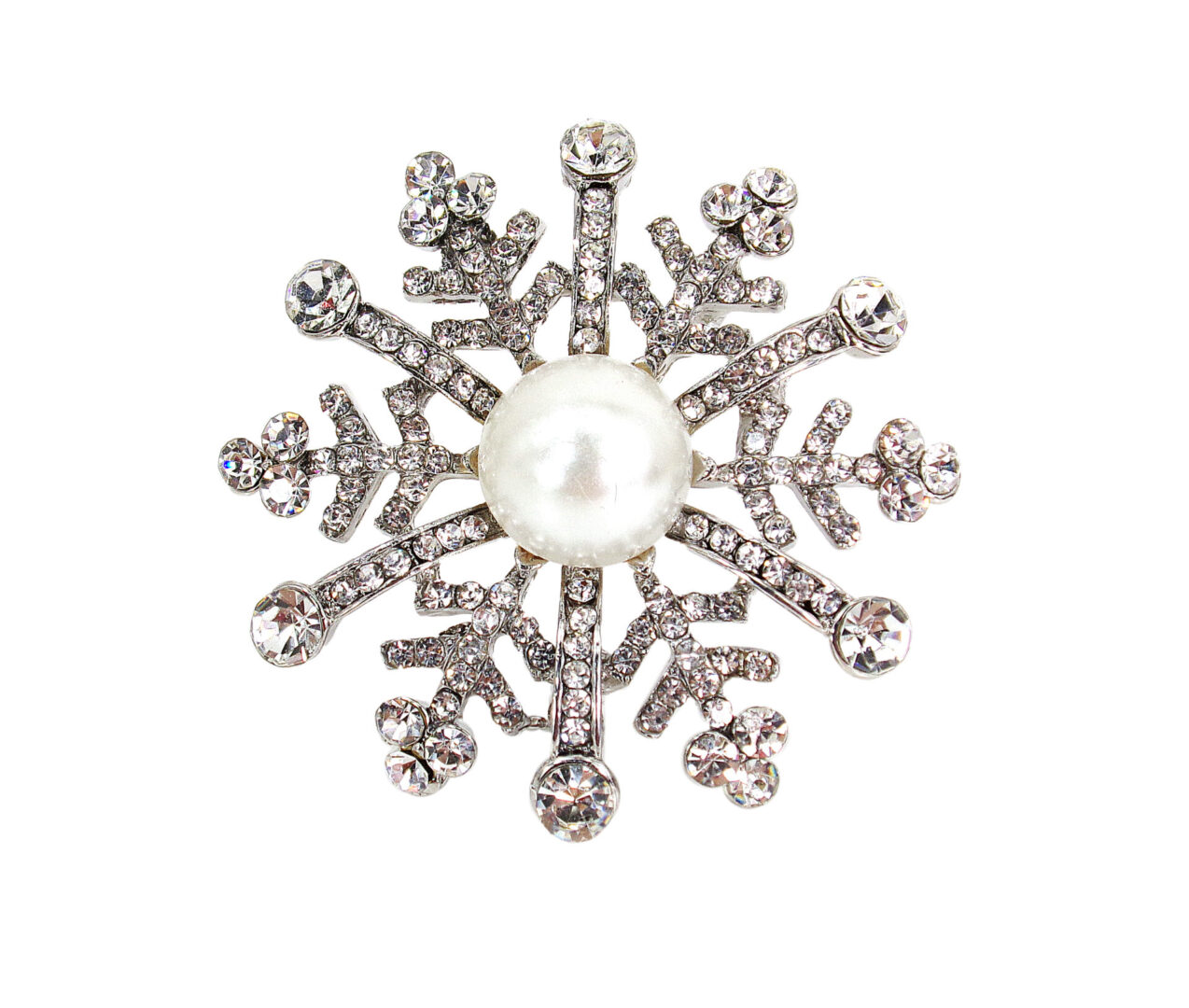 A crystal and pearl snowflake pin jewelry piece