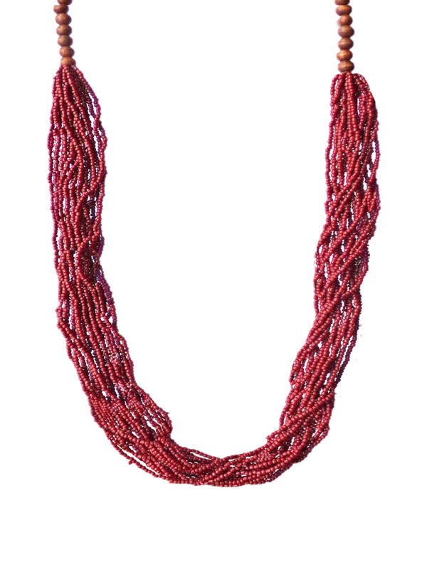 Red Berry Color Seed Bead & Wood Necklace
