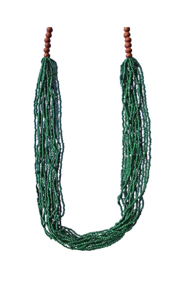 Green Color Seed Bead and Wood Necklace