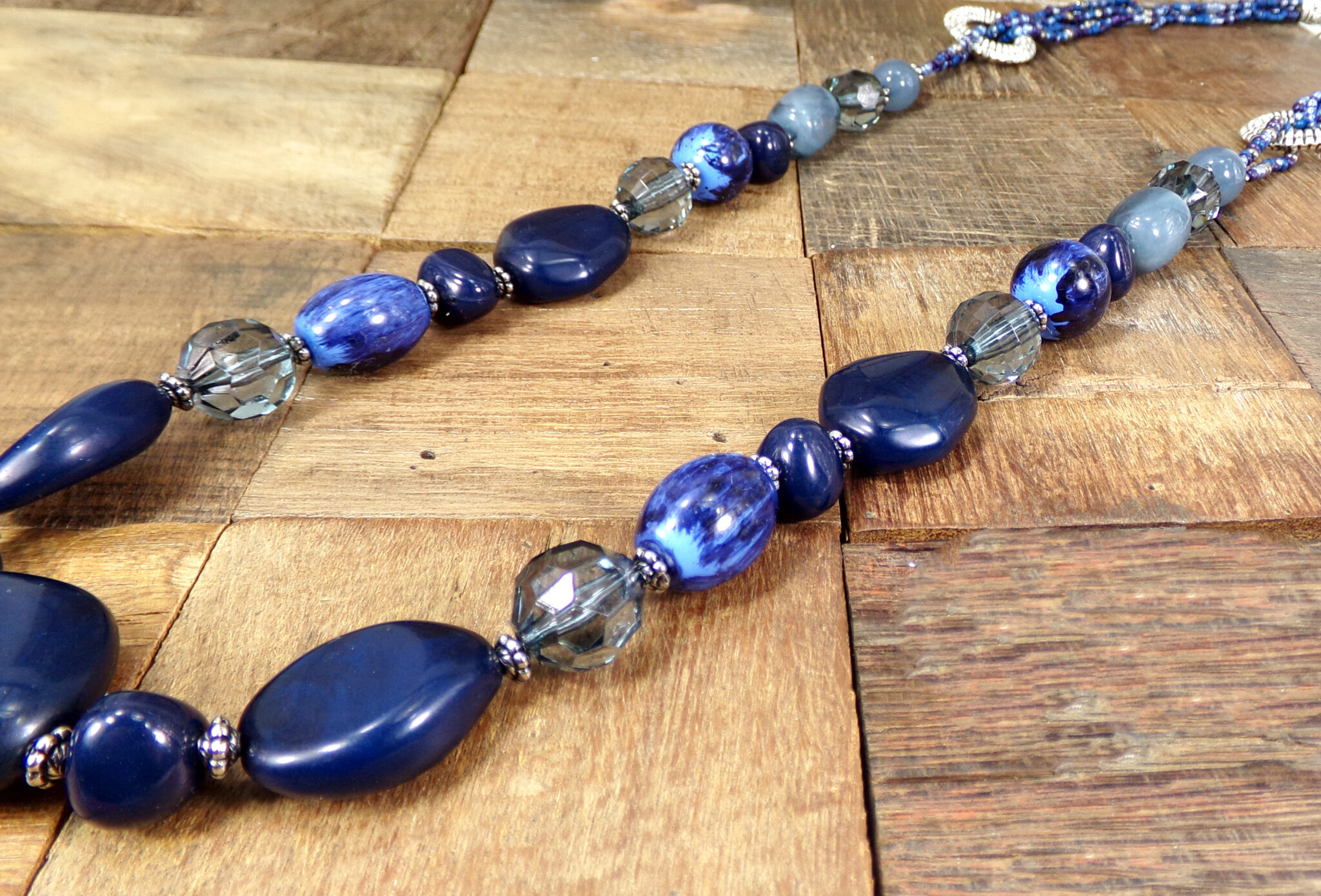 LONG DARK BLUE BEAD AND SEED BEADED NECKLACE - Calisa Designs