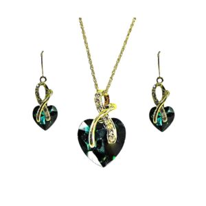 GREEN CRYSTAL HEART NECKLACE AND EARRING SET