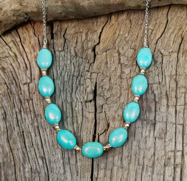 TURQUOISE STONE AND SILVER BEADED NECKLACE - Image 7