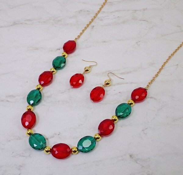 RED, GREEN AND GOLD GLASS BEAD NECKLACE AND EARRING SET - Image 4