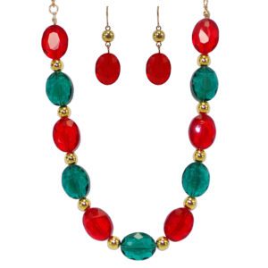 RED, GREEN AND GOLD GLASS BEAD NECKLACE AND EARRING SET