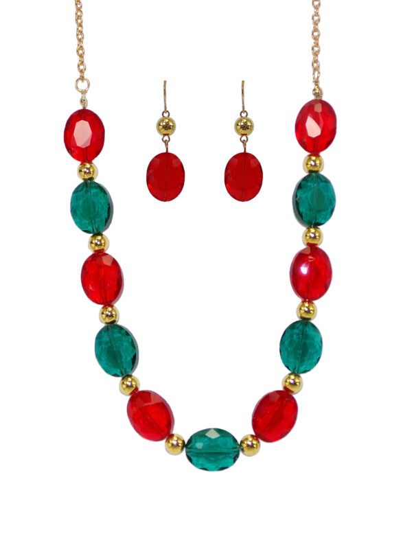 RED, GREEN AND GOLD GLASS BEAD NECKLACE AND EARRING SET