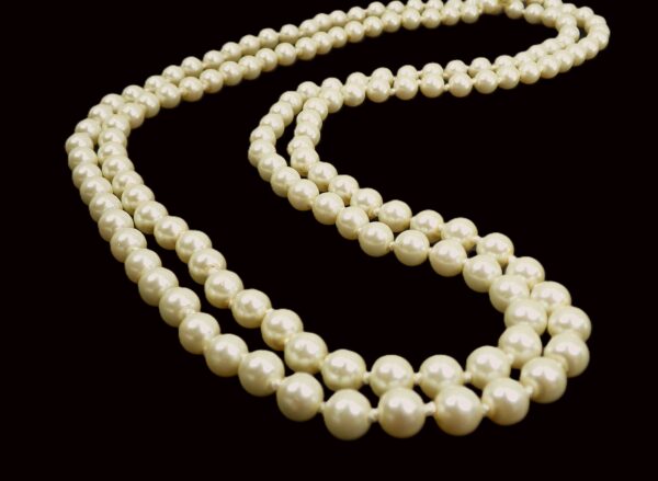 LONG WHITE GLASS PEARL NECKLACE HAND KNOTTED 58"