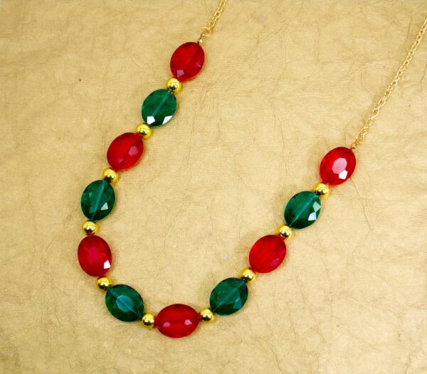 RED, GREEN AND GOLD GLASS BEAD NECKLACE AND EARRING SET - Image 2