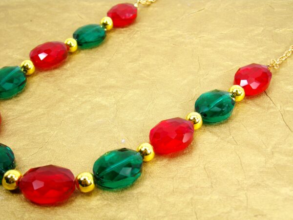 RED, GREEN AND GOLD GLASS BEAD NECKLACE AND EARRING SET - Image 5